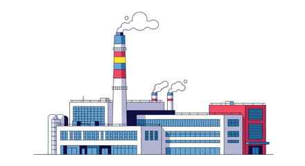 Obraz premium Flat vector illustration of a modern industrial factory building with smoking chimneys against a white background.