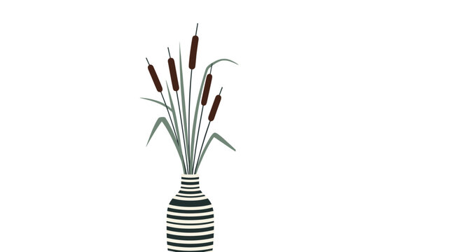 Minimalist hand-drawn illustration of cattail plants with long green leaves arranged in a black and white striped ceramic vase.