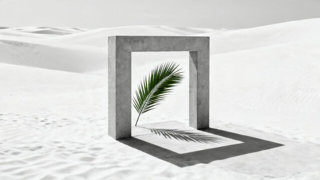  Minimalist concrete portal in white sand dune landscape