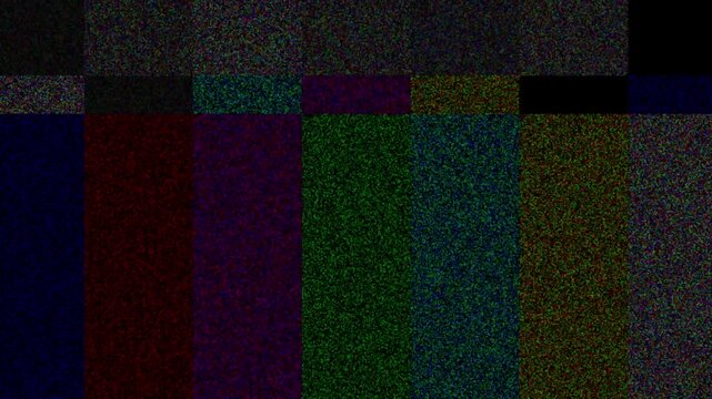 No signal VHS color bars glitch animation with analog distortion and retro broadcast test screen. Perfect for vintage video, VFX, motion graphics, TV effects, and digital overlays.