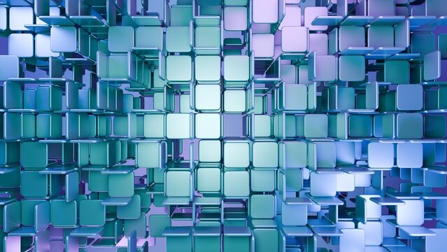 Abstract Blue Purple 3D Cube Grid Blocks Technology Background For Data Visualization