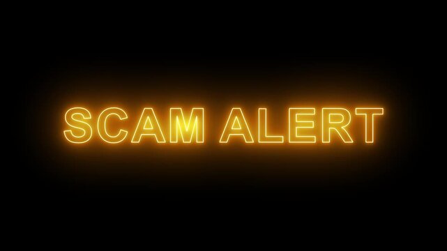 Animated glowing flickering neon inscription scam alert. neon scam alert text animation