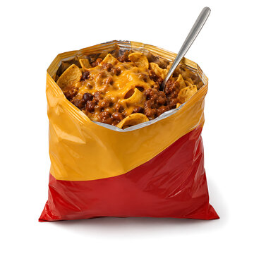 Frito pie, chili and cheese served inside opened corn chip bag, spoon inserted, full bag visible