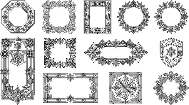 Set of winter frames and borders with snowflake and ice crystal motifs transparent background