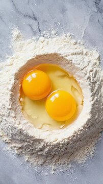 Two Eggs Cracked into Flour Nest on Marble Surface &ndash; Baking Ingredients for Pastry and Dough Preparation