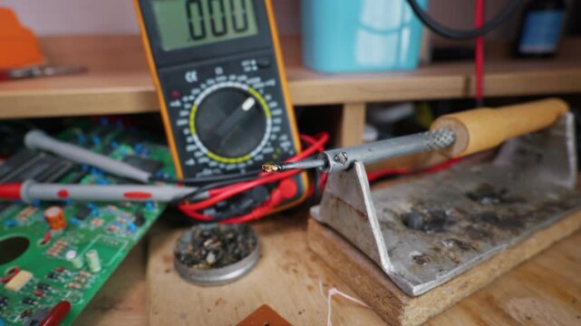 A close-up of a soldering iron tip covered in molten tin and dark rosin flux resting on its stand. A digital multimeter and a green printed circuit board lie in the soft background light.