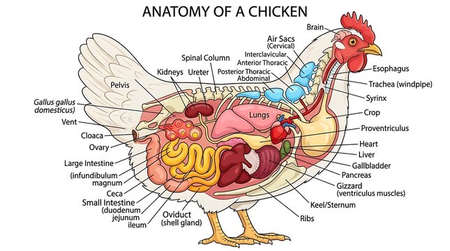 Chicken anatomy diagram with labeled internal organs and body parts, chicken map