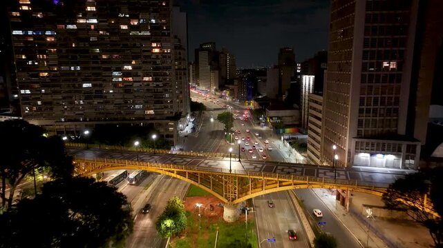 23Rd Of May Avenue In Sao Paulo Brazil. Bridge Showcasing The Traffic Flowing Across In The City. Night Illuminated Skyline. Cities Of The World Landscape. Sao Paulo Brazil.