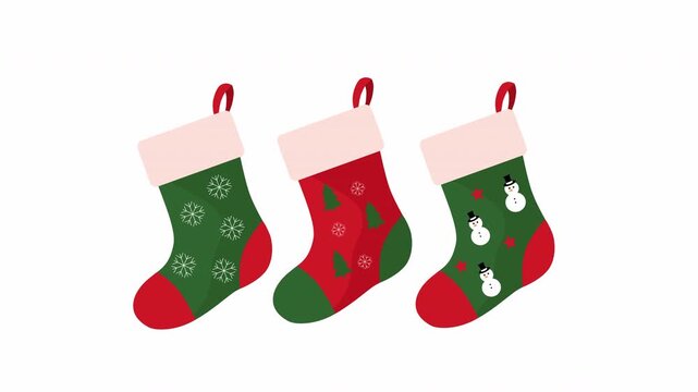 Set of Christmas Stockings with Snowflakes, Trees and Snowmen Flat Illustration