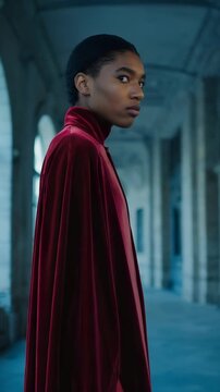 Elegant young man in crimson velvet cape stands thoughtfully within a classic architectural arcade setting, portrait style photography.
