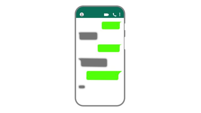 Text message send or received in smartphone animation, text message chat animated in mobile phone close up.