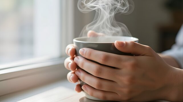 Hands gently warming around a steaming ceramic mug near a window for a cozy moment of quiet relaxation and comfort during a chilly winter day