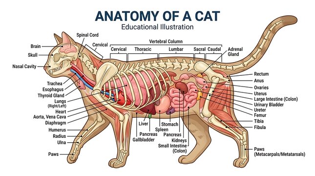 Anatomy of a cat with labeled internal organs and body parts, digestive system
