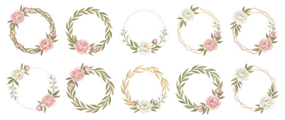 Fototapeta premium Floral wreaths botanical frames watercolour peony borders collection featuring gold geometric circles and green leaf foliage elements over black backdrops for romantic wedding invitation card designs.