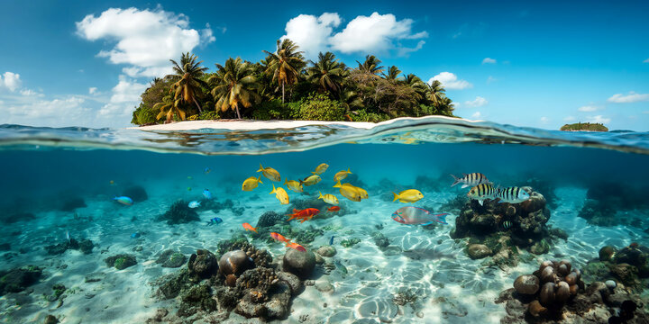 A tropical island shoreline meets crystal clear water revealing a vibrant coral reef teeming with colorful fish and sunlit sand