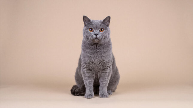 British Shorthair cat with orange eyes sitting calmly