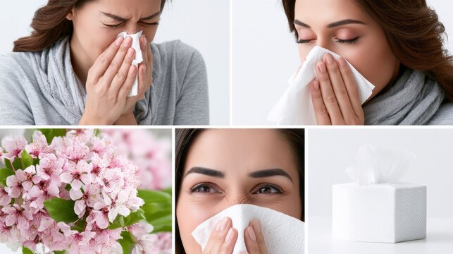 Woman experiencing spring allergies sneezing with flowers