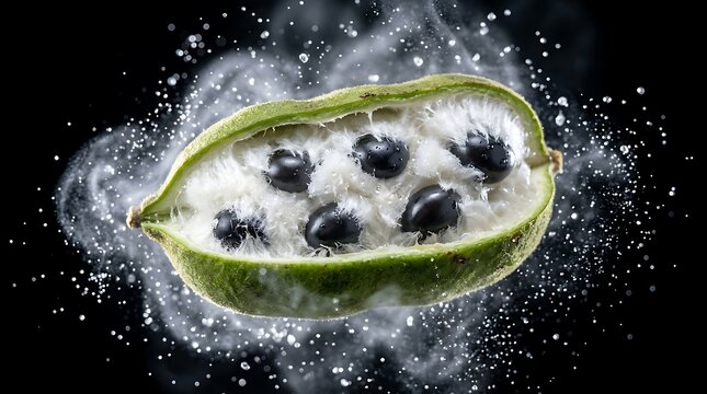 Fresh Guaba Fruit Inga Edulis with Water Splash on Black Background