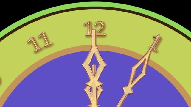 blue dial yellow hands roman numerals with moving hands counterclockwise on green screen. close-up. Computer graphics.