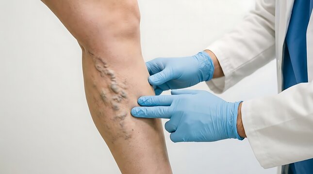 Medical professional examining varicose veins on a patient's leg with healthcare