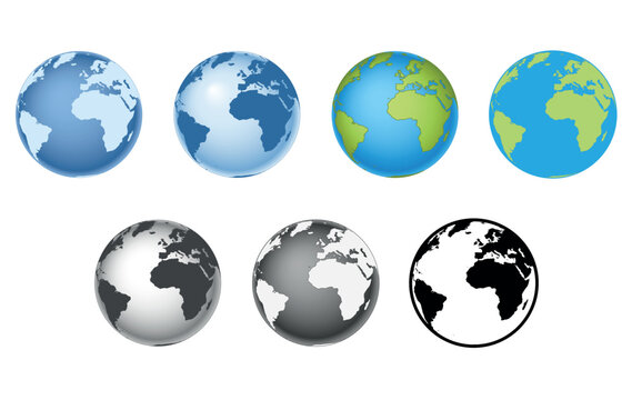 Earth globe - world map with continents on planet Earth, set vector illustrations on white