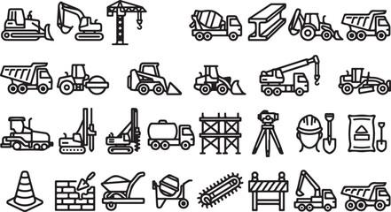 Set of black and white construction machinery and building equipment line icons © OMESA