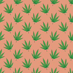 Fototapeta premium Seamless pattern with hand drawn cannabis leaf Medicine marijuana Hemp leaves For decorative print, wrapping paper, fabric, packaging, background