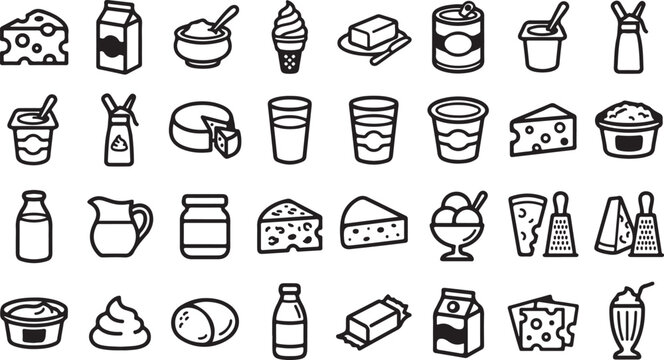 Set of black and white dairy food icons including milk cheese butter yogurt and ice cream