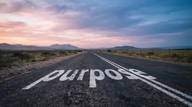 Empty Road with Purpose Written on Asphalt Leading to Sunset Mountains and Open Horizon