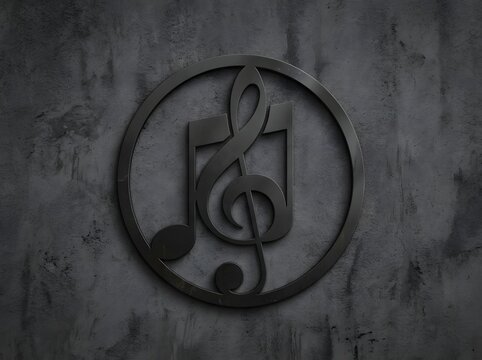 Black music icon with treble clef and notes on textured gray background.