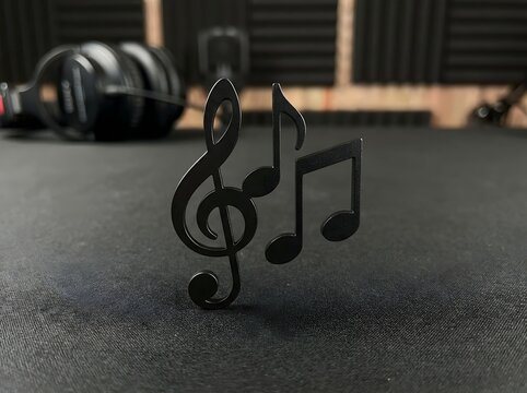 Black music notes icon with headphones in the background musical symbol.