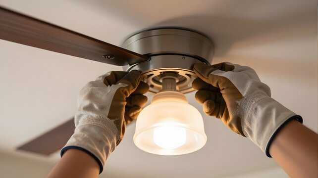 Professional hands installing a ceiling fan light fixture with protective gloves for safety during home maintenance with displays close perspective