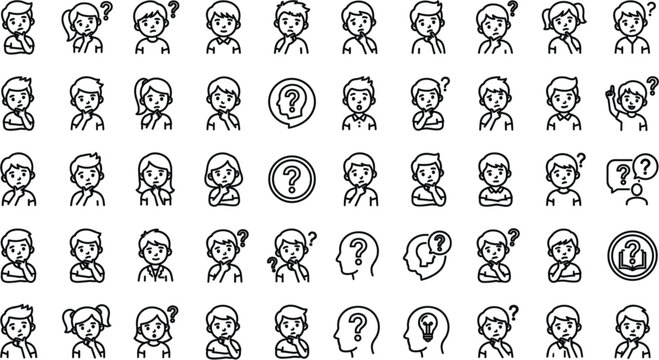 Thinking Child and Boy Confusion Expression Line Icon Set with Question Marks Decision Making Problem Solving and Education Avatar Graphic DesignsThinking Child and Boy Confusion Expression Line Icon 