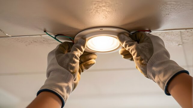 Electrician hands installing recessed ceiling light fixture for home renovation project with protective gloves for safety during electrical maintenance