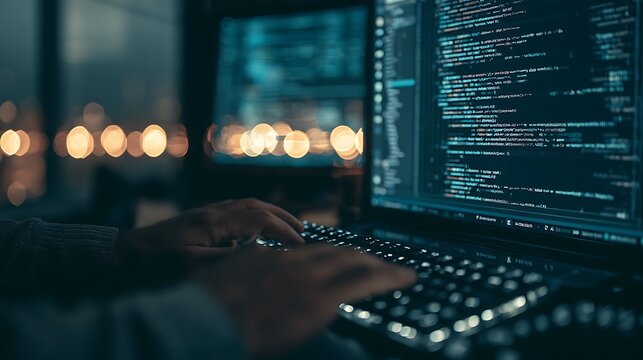 Programmer working on computer code in dark office