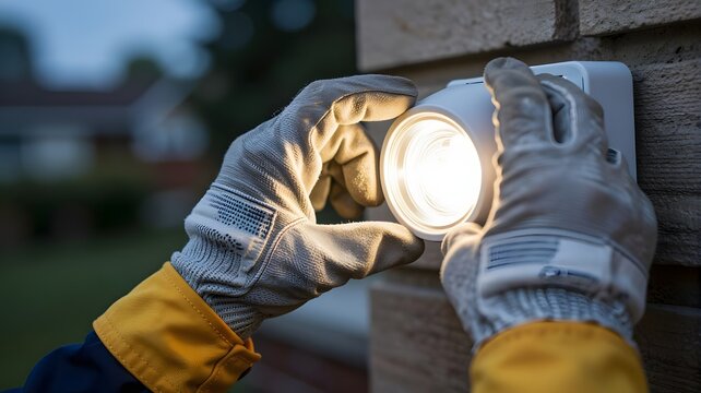 A technician wearing protective work gloves installs a bright modern led outdoor wall light onto a textured brick surface during the early evening hours