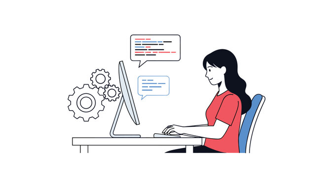 Female programmer working on code at her desktop computer with gears and coding elements in the background.