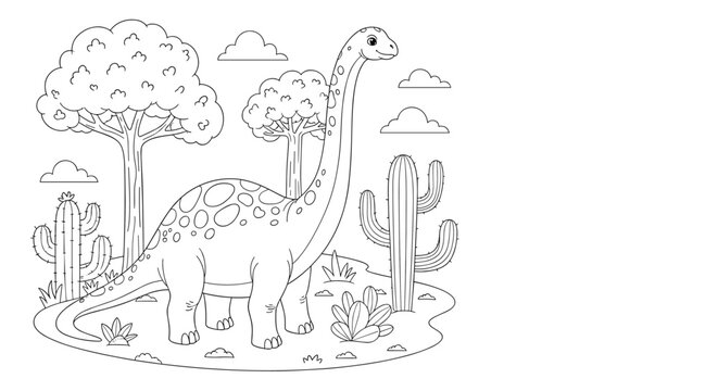 Prehistoric dinosaur coloring page for kids depicting a friendly diplodocus with cacti and ancient trees.