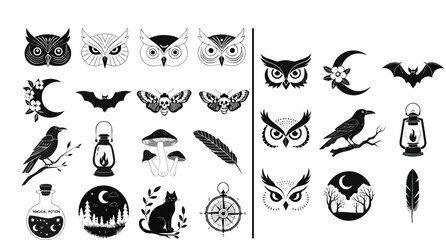 Fototapeta premium A collection of 15 individual black and white graphic illustrations arranged in a three-by-five grid, presented in a clean, minimalist style suitable for tattoo flash art or sticker designs. The set f