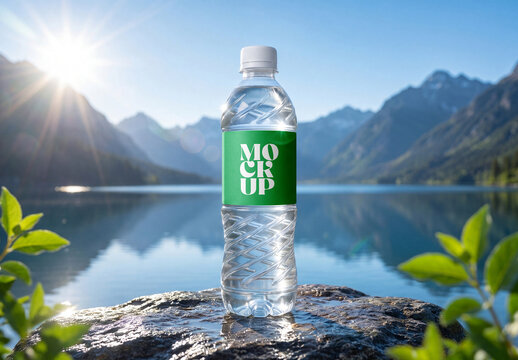 Clear Plastic Mineral Water Bottle Label Mockup on Wet Rock with Mountain Lake Background