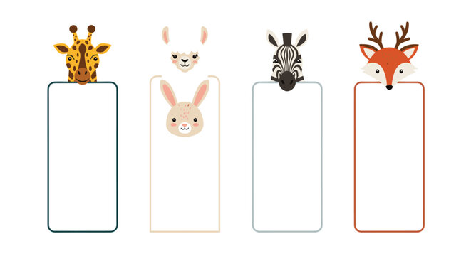Blank bookmarks or name tags set featuring cartoon faces of a giraffe, llama, rabbit, zebra, and fox.