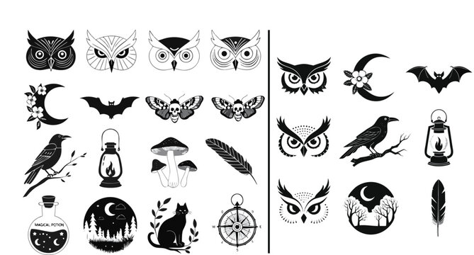A collection of 15 individual black and white graphic illustrations arranged in a three-by-five grid, presented in a clean, minimalist style suitable for tattoo flash art or sticker designs. The set f