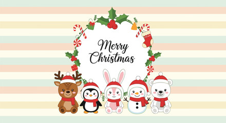 Fototapeta premium Cute winter animals including a reindeer, penguin, rabbit, snowman, and polar bear celebrating a Merry Christmas with a festive wreath.
