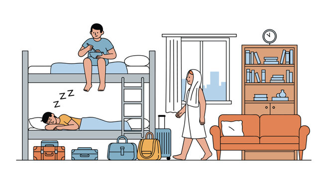 Lively scene inside a youth hostel room with travelers sleeping in a bunk bed, eating, and entering after a shower, showing travel.