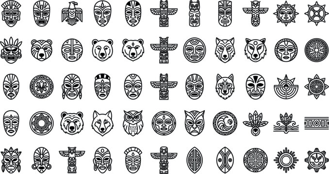 Tribal Mask and Totem Pole Line Icon Set with Indigenous Shields Animal Spirits Shields and Maya Aztec Ethnic Symbols for Cultural Museum Education App DesignsTribal Mask and Totem Pole Line Icon Set 