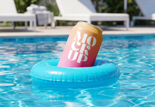 Aluminum Soda Can Mockup in Blue Inflatable Ring Floating in Swimming Pool