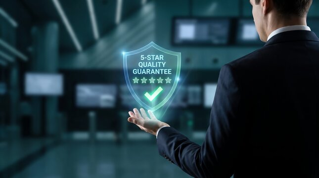 Businessman holding a holographic shield symbol representing five star quality assurance and superior corporate service excellence in a modern office