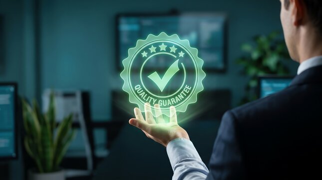 Businessman holding glowing premium quality guarantee seal hologram in office