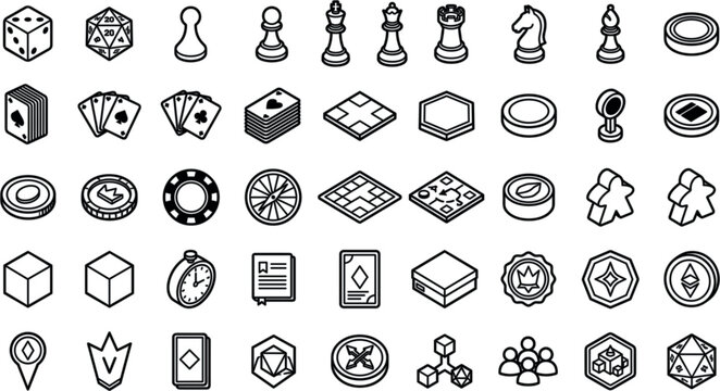 Board Game and Tabletop Gaming Icon Set with Chess Pieces Playing Cards Dice Meeple Tokens and Strategy Components for Hobby Mobile Apps and UI DesignsBoard Game and Tabletop Gaming Icon Set with Ches