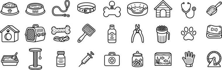 Fototapeta premium Pet Supplies Icon Set Vector Outline for Dog Cat Care Product Elements
